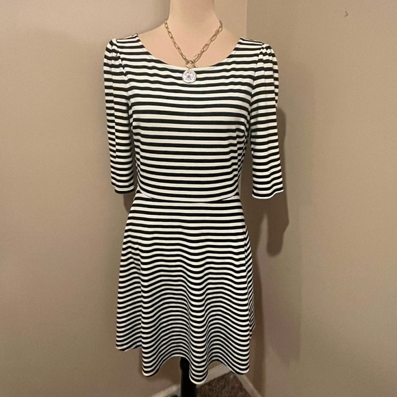 Pomelo Black & Off White Striped Dress, V Back, 3/4 sleeve, fit & flare, Med - Picture 2 of 8
